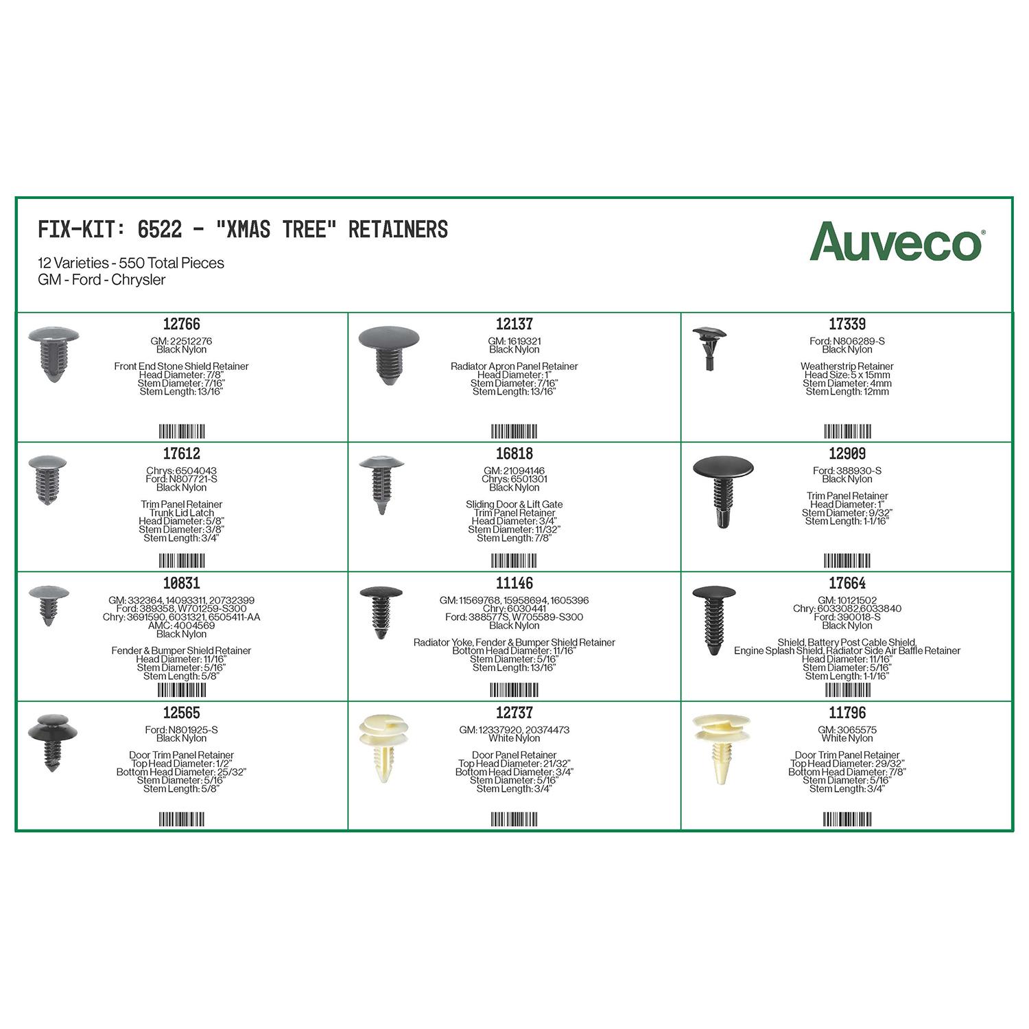 Auveco No. 6522 GM - Ford & Chrysler Christmas Tree Retainer Kit, Quantity - 1 KIT