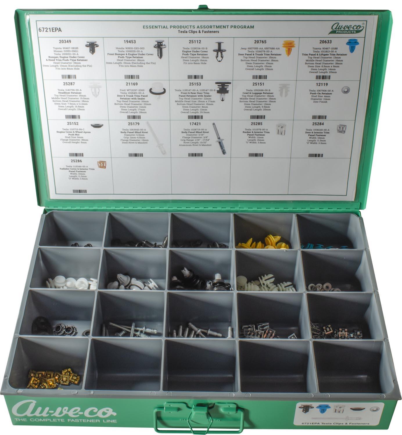 Auveco # 6721EPA Tesla Retainers, Clips & Fasteners. 16 Items 320 Pieces. Qty 1.