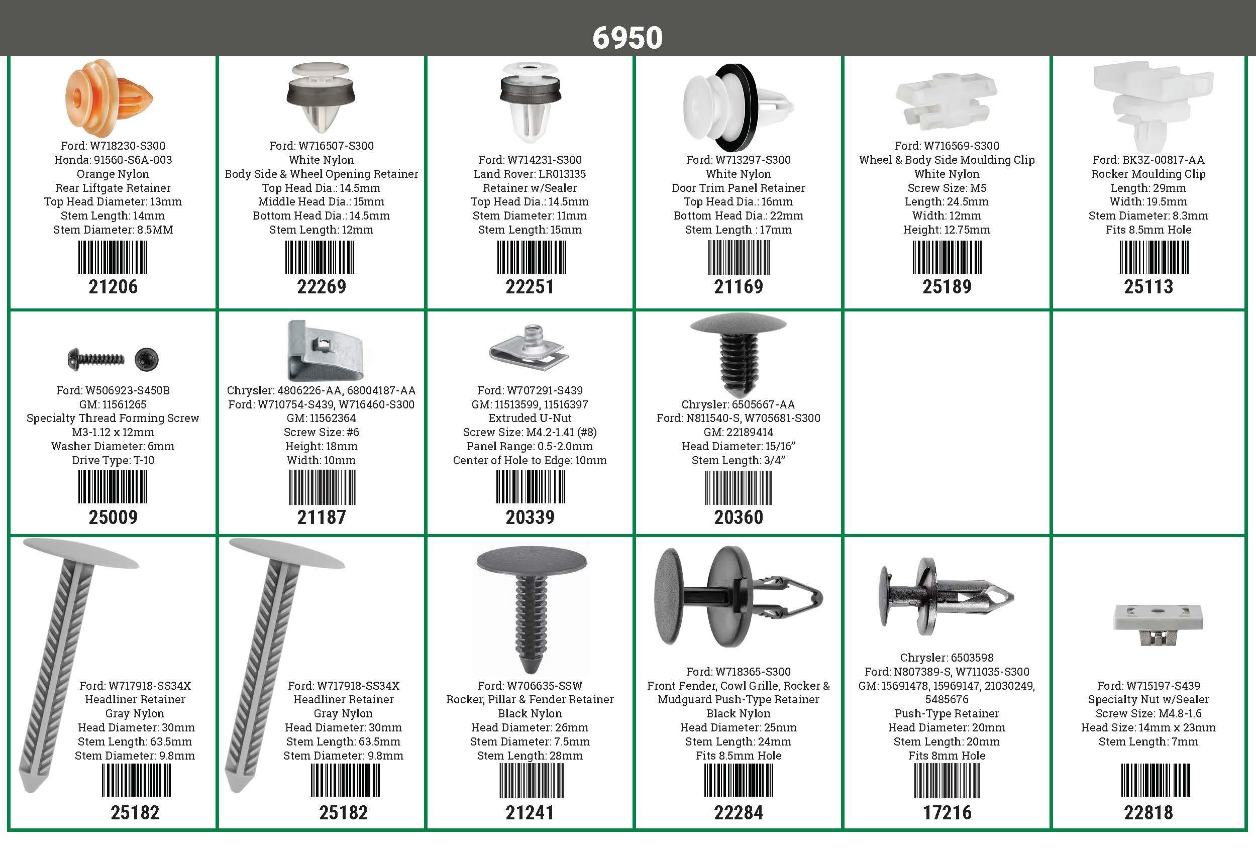 Auveco # 6950 Ford Transit Clips & Retainers Rear Of Vehicle Quik-Select II. Qty 1.
