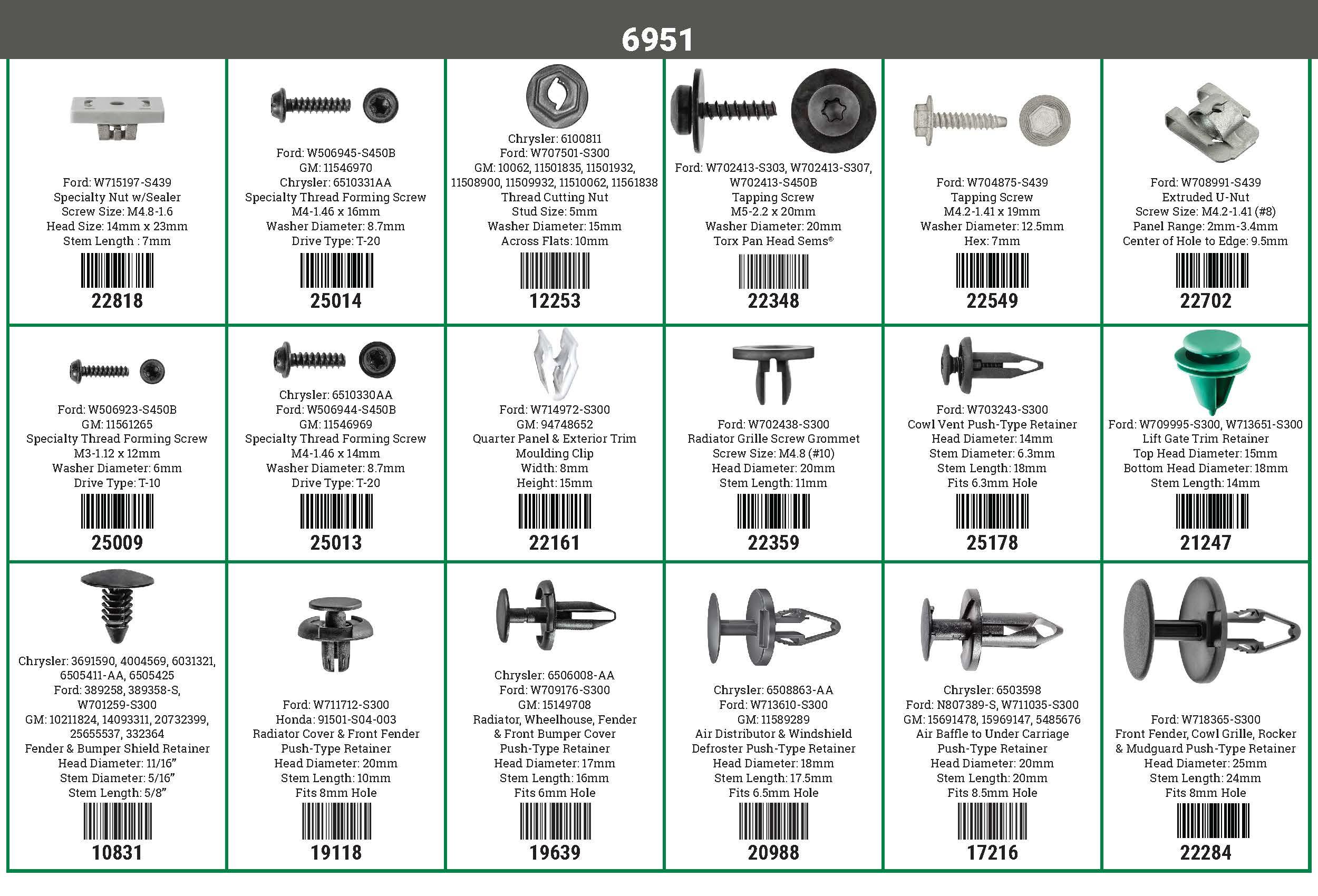 Auveco # 6951 Ford Transit Clips & Retainers Front Of Vehicle Quik-Select II. Qty 1.