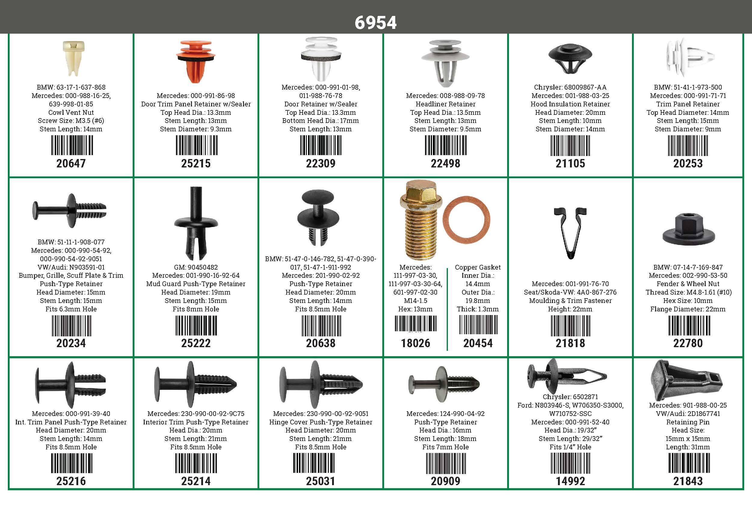 Auveco # 6954 Mercedes Sprinter Van Clips & Fasteners. Quik Select II. Qty 1.