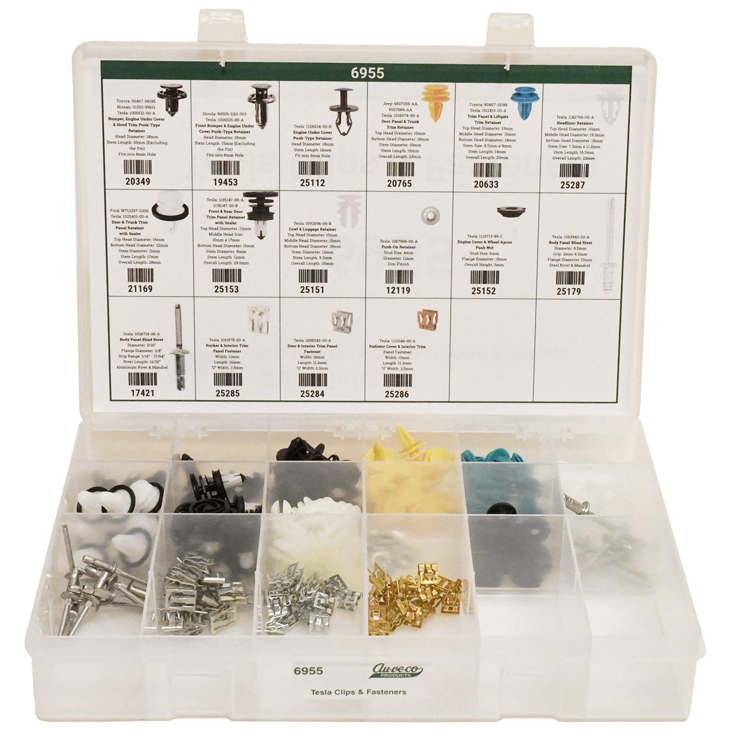 Auveco # 6955 Tesla Clips, Fastener, Retainer Assortment. 16 Items. 210 Pieces. Qty 1.