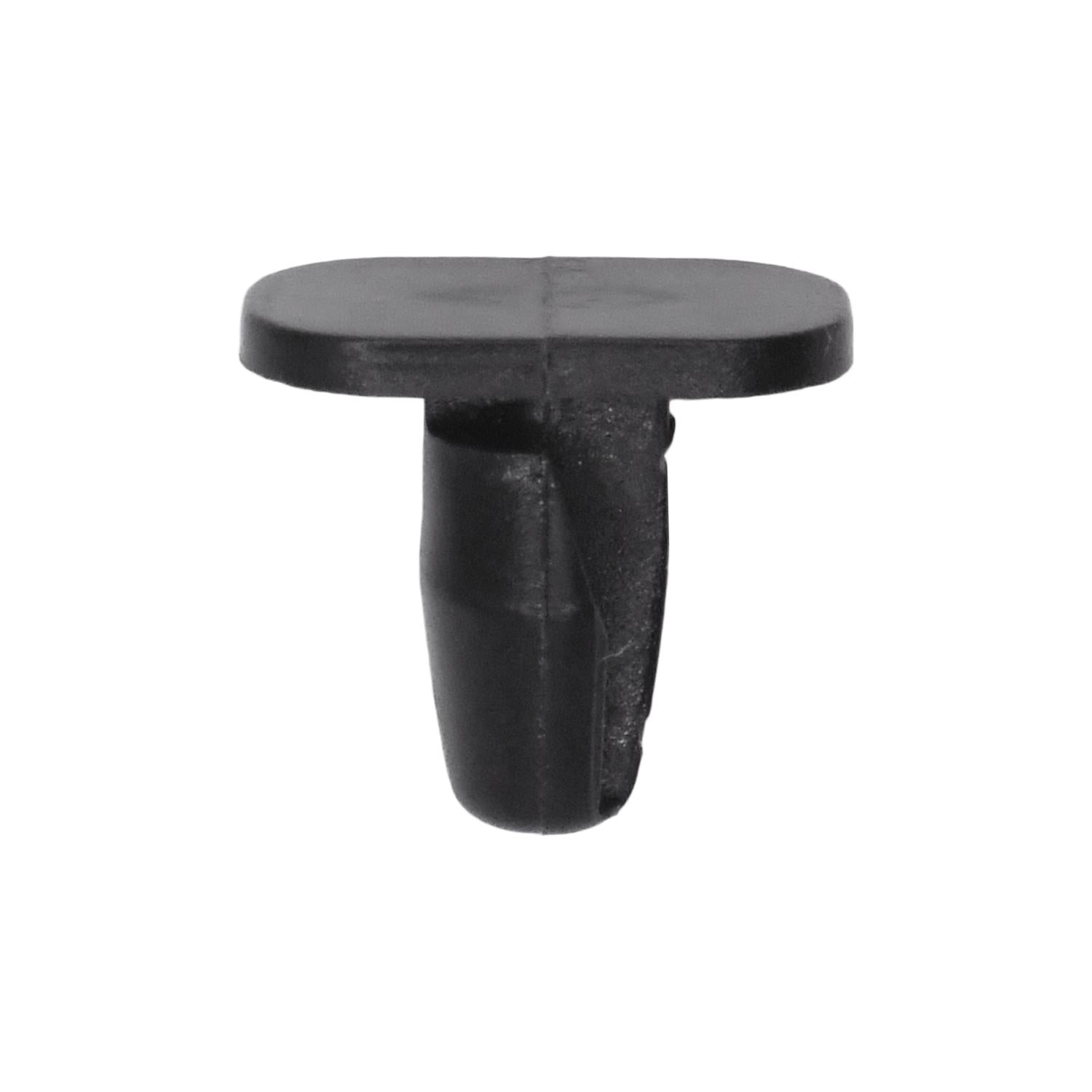 Auveco # 21918 Weatherstrip Retaining Clip; Head Size: 7mm X 12mm, Stem Dia.: 8mm, Stem Length: 9mm, Black Nylon. Qty 25.