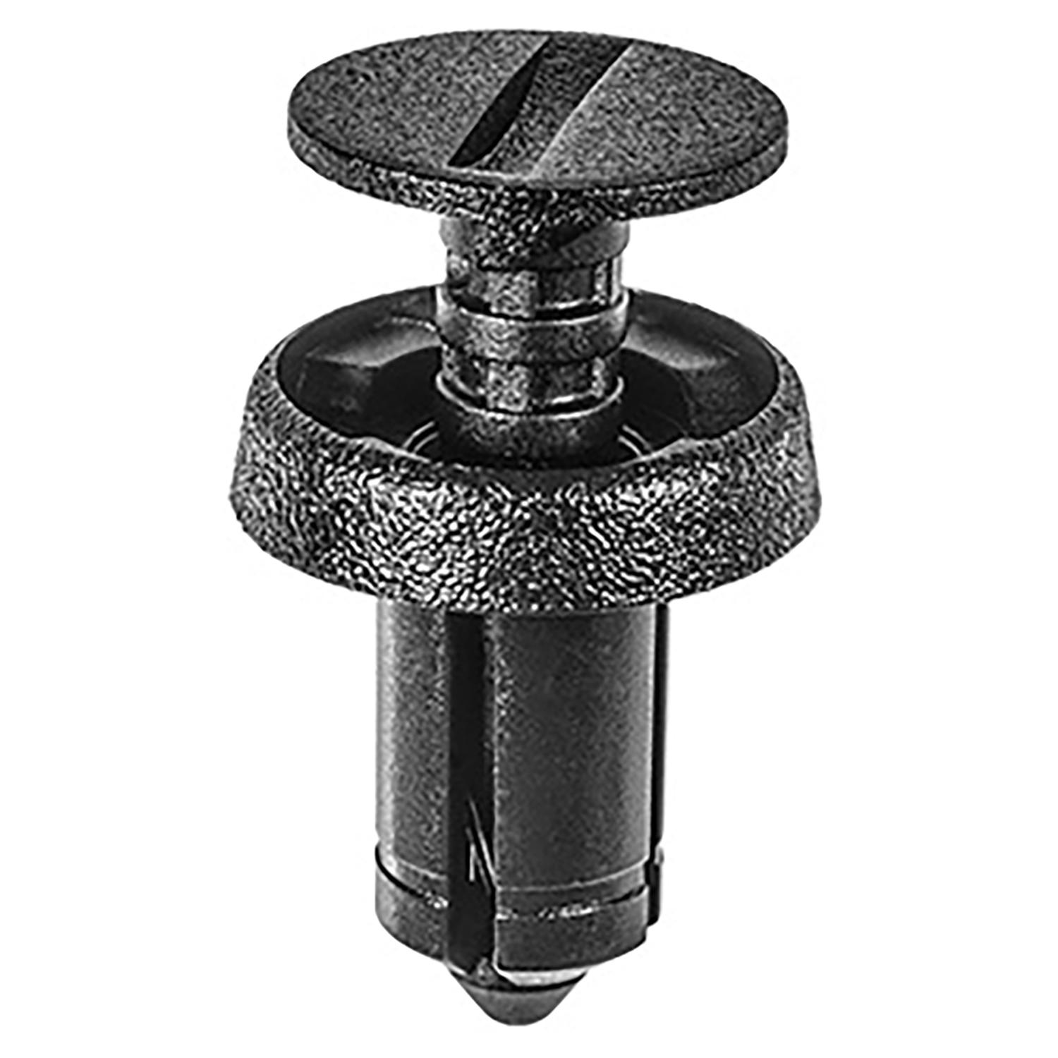 Auveco # 21935 Push-Type Retainer; Head Dia.: 12mm, Stem Length: 10mm, Fits Into 6mm Hole, Black Nylon. Qty 15.
