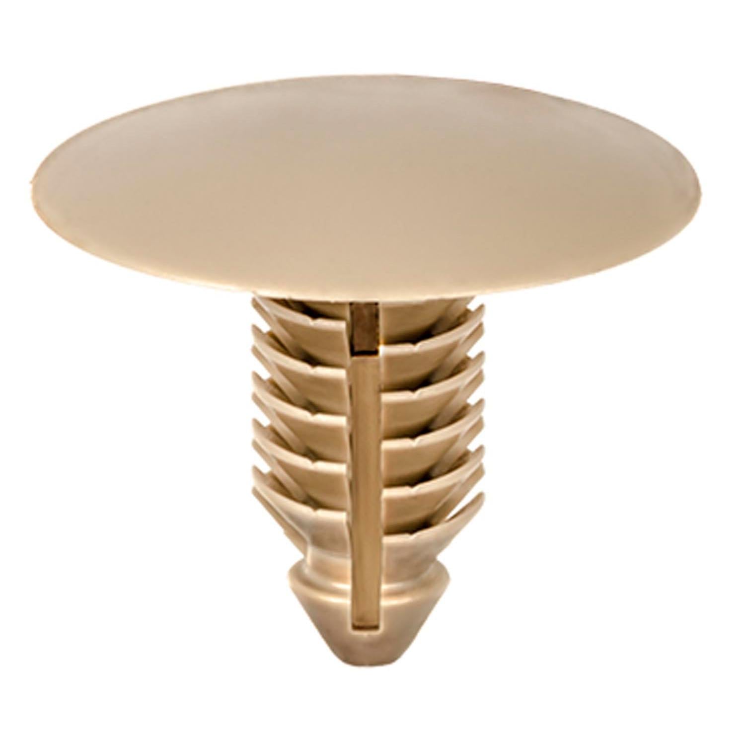 Auveco # 21939 Retainer; Head Dia.: 21mm, Stem Dia.: 7.7mm, Stem Length: 16mm, Tan Nylon. Qty 15.