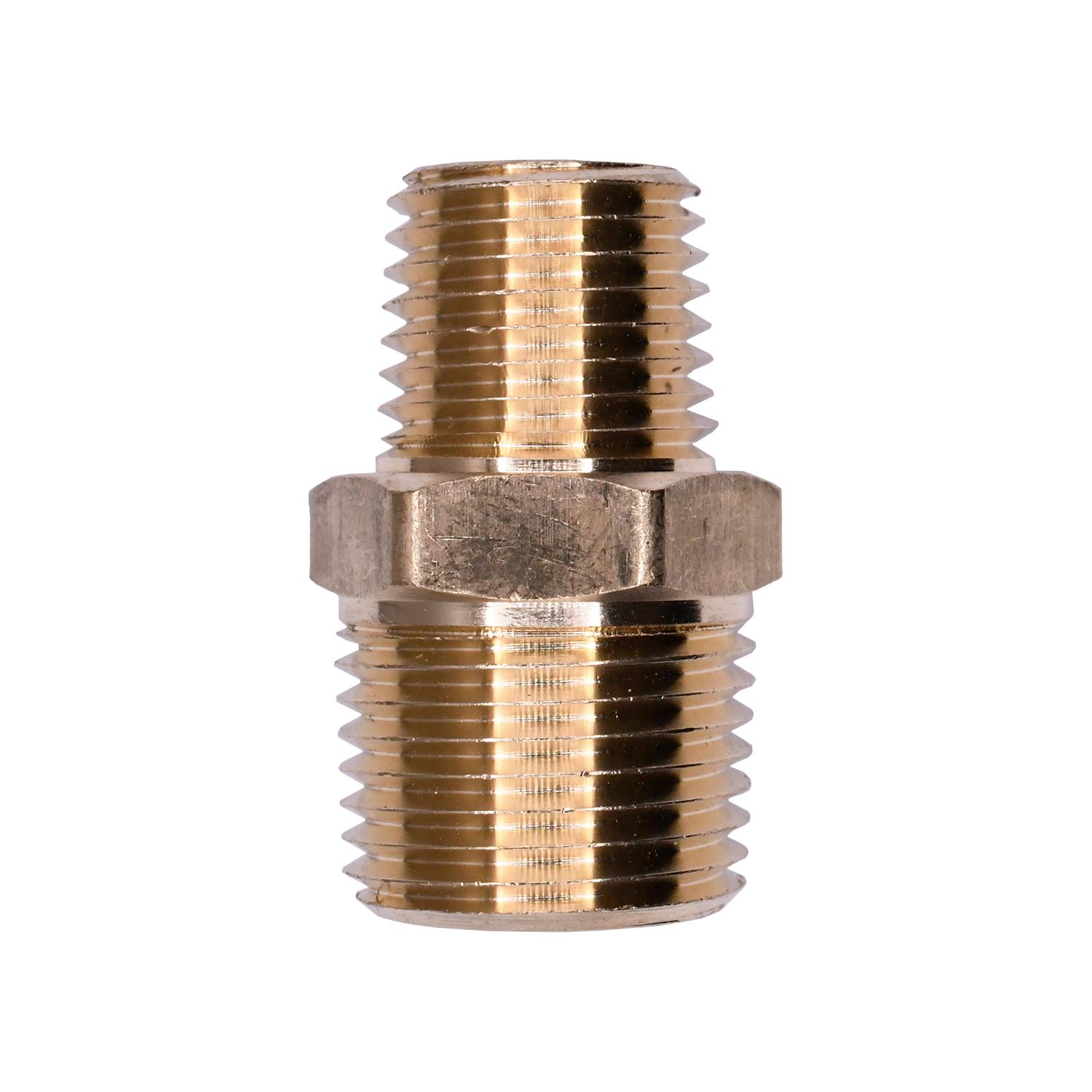Auveco # 321 Brass Hex Nipple 3/8" Threads A 1/4" Threads B. Qty 5.
