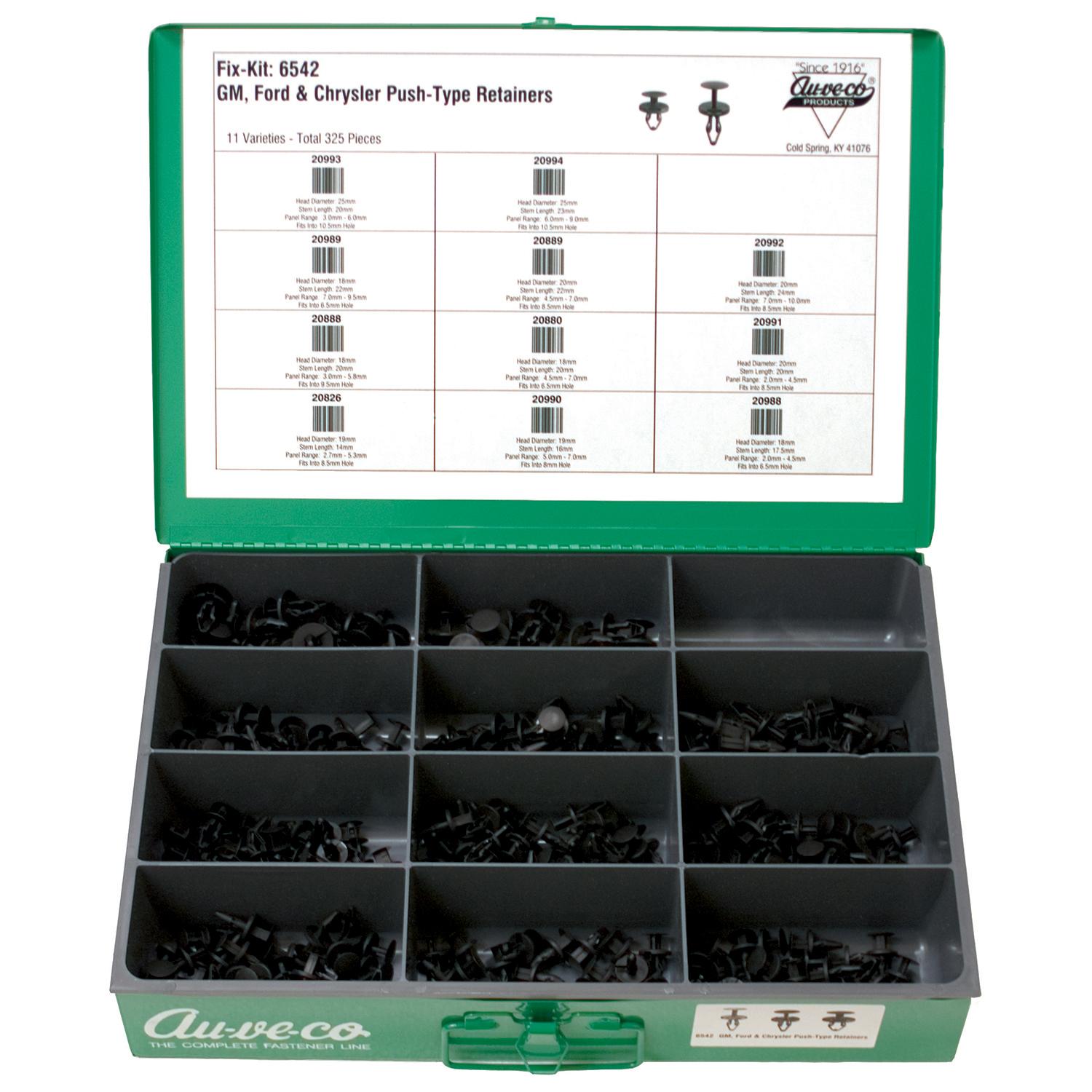 Auveco No. 6542 GM Ford Chrysler Push-Type Retainer Asst, Quantity - 1 KIT
