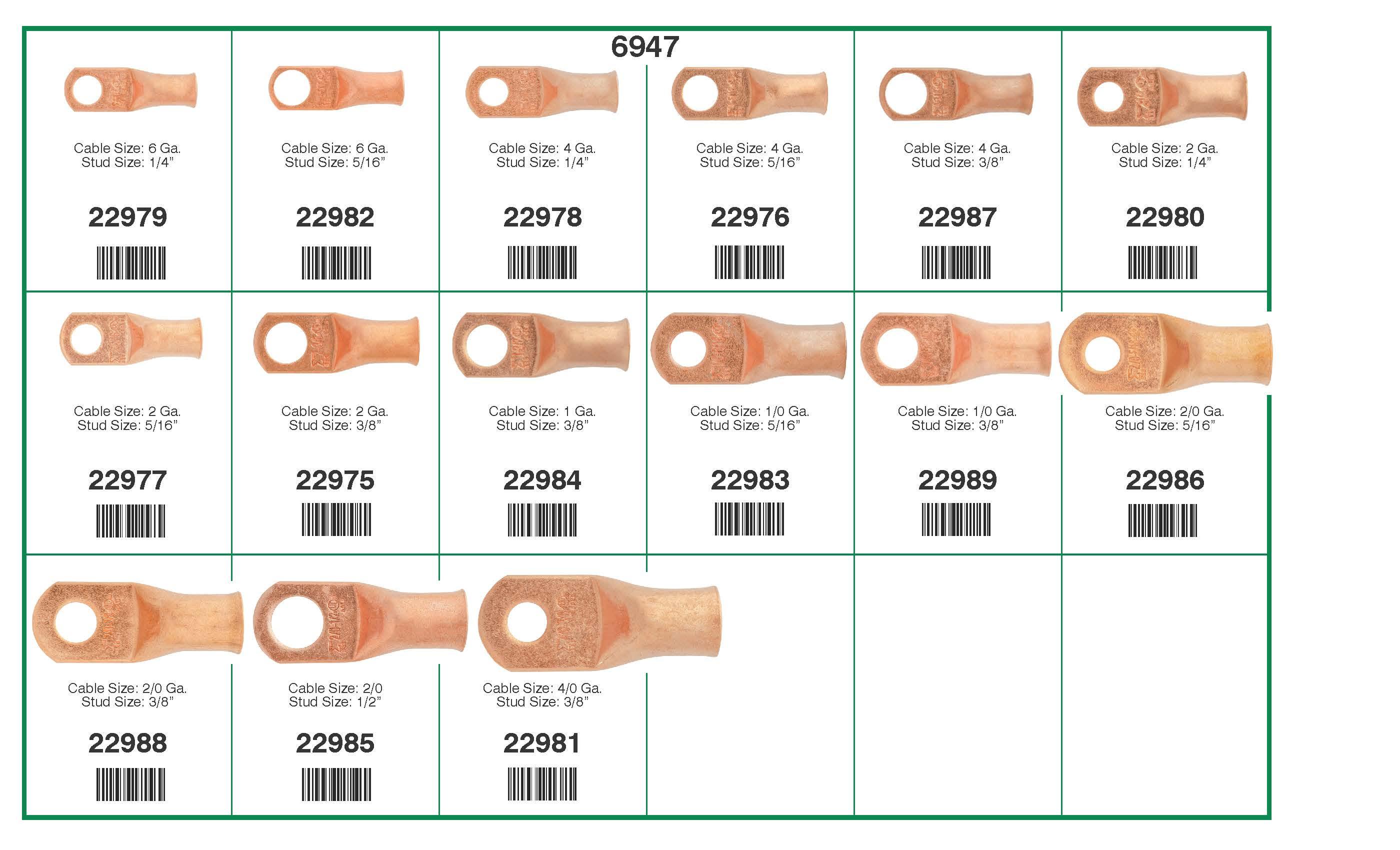 Auveco # 6947 Copper Battery Lug Quik-Select II Assortment. Qty 1.