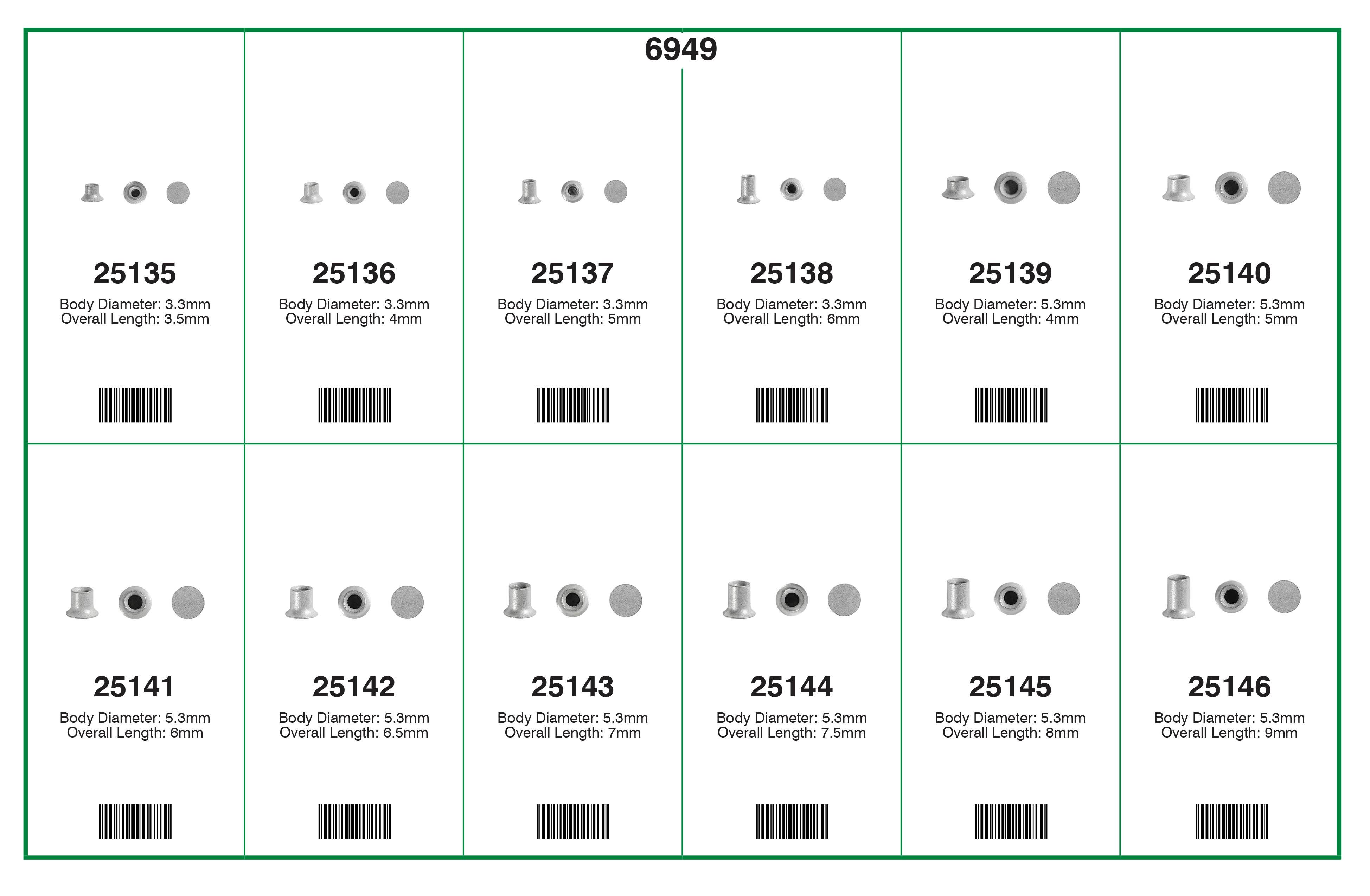 Auveco # 6949 Self-Piercing Rivets Quik-Select II 12 Varieties - 120 Pieces. Assortment. Qty 1.