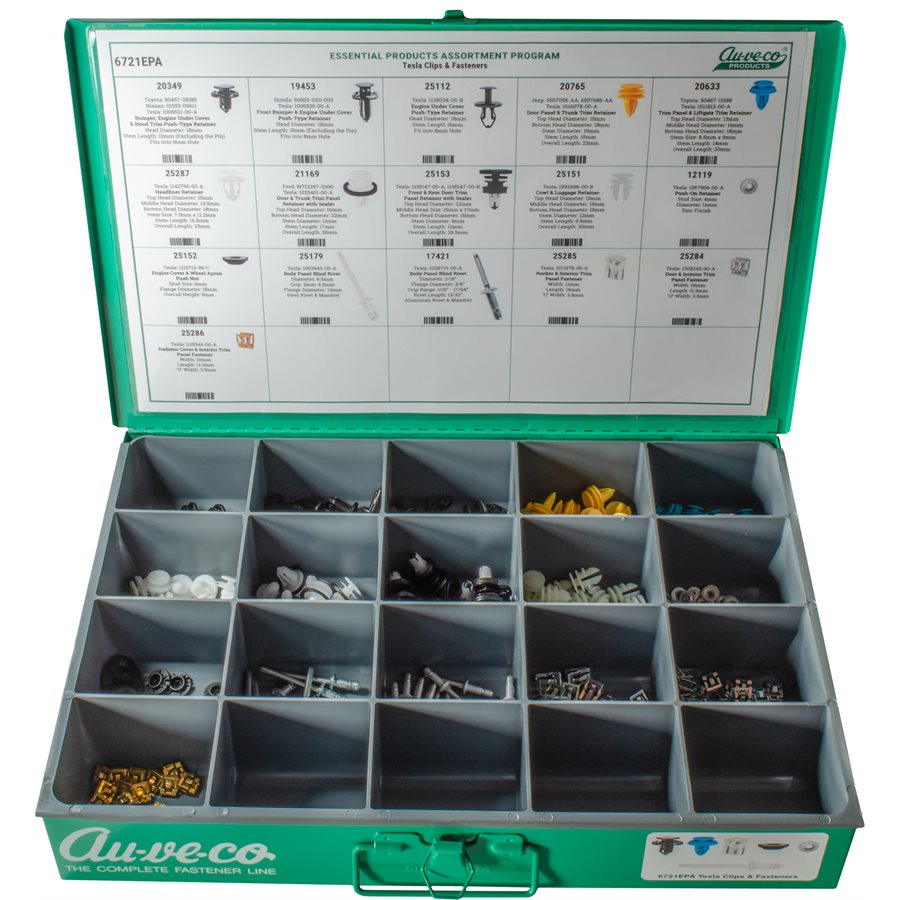 Auveco # 6721EPA Tesla Retainers, Clips & Fasteners. 16 Items 320 Pieces. Qty 1.