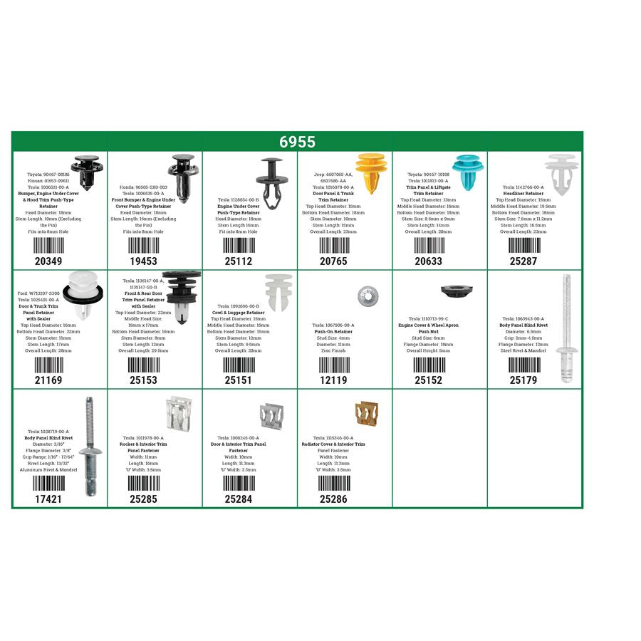Auveco # 6955 Tesla Clips, Fastener, Retainer Assortment. 16 Items. 210 Pieces. Qty 1.