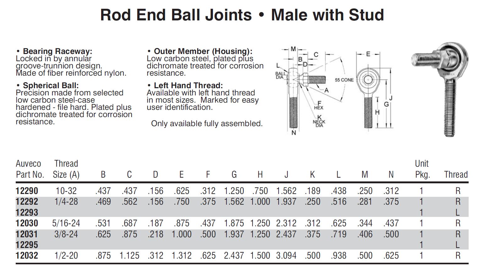 Auveco # 12293 Rod End Ball Joint Male W/Stud 1/4-28 (L). Qty 1.